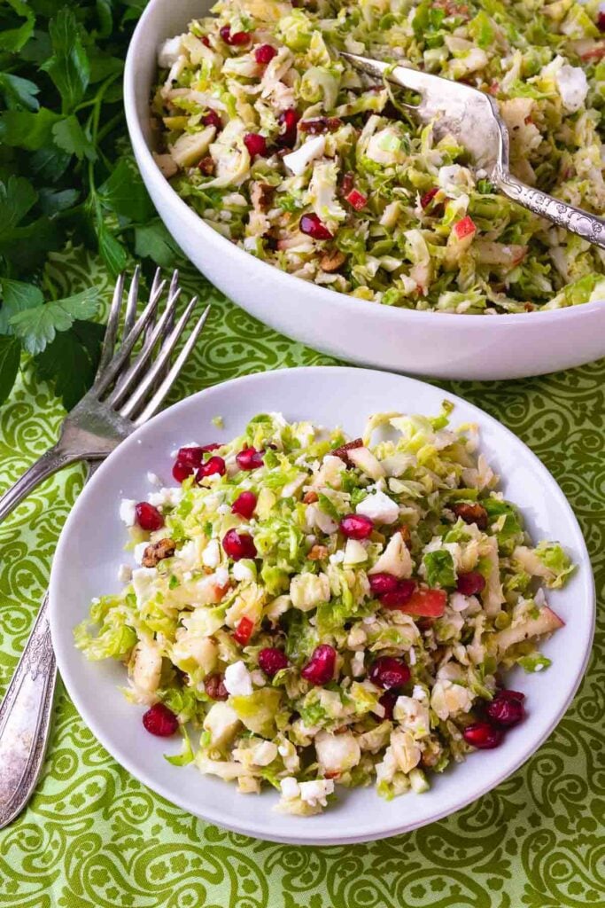 Brussels Sprouts Slaw served from a bowl to a small plate for supper.