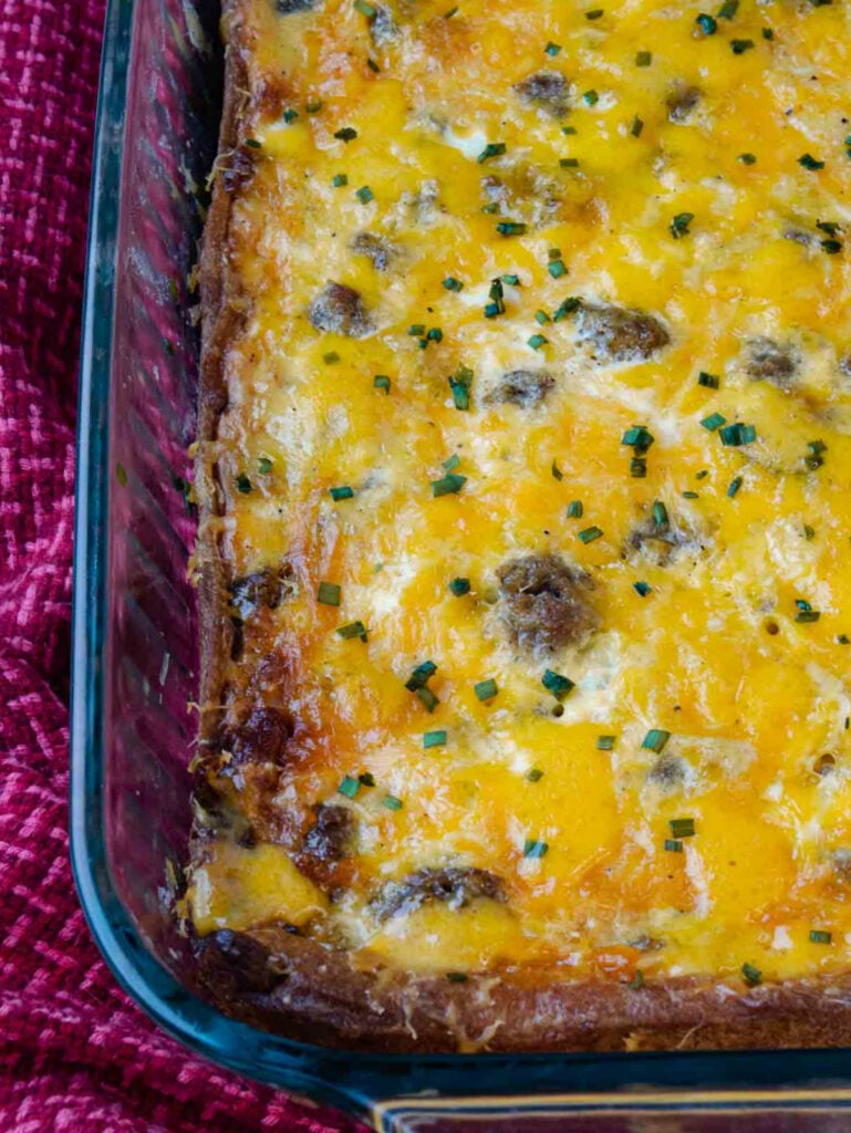 http://asouthern-soul.blogspot.com Sausage and Egg breakfast bake with cheese and crescent rolls in a casserole dish is delicious.