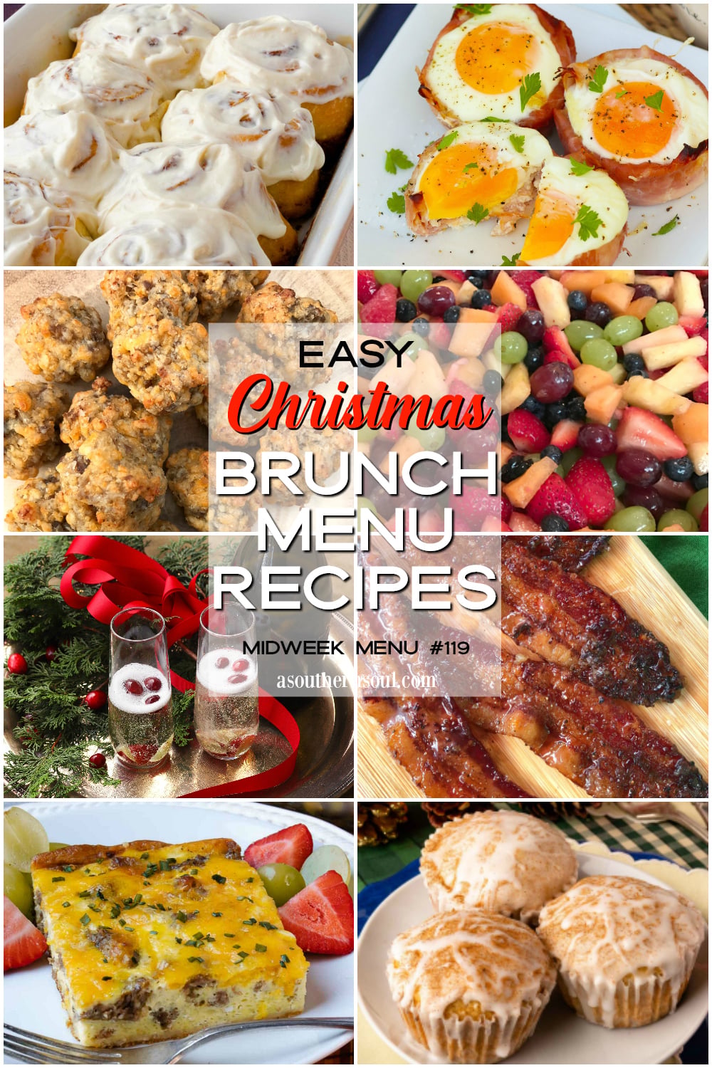 Step-by-step photos for Easy Christmas Brunch Menu Recipes including cinnamon rolls, egg toast, muffins, fruit salad, bacon, quiche, and coc