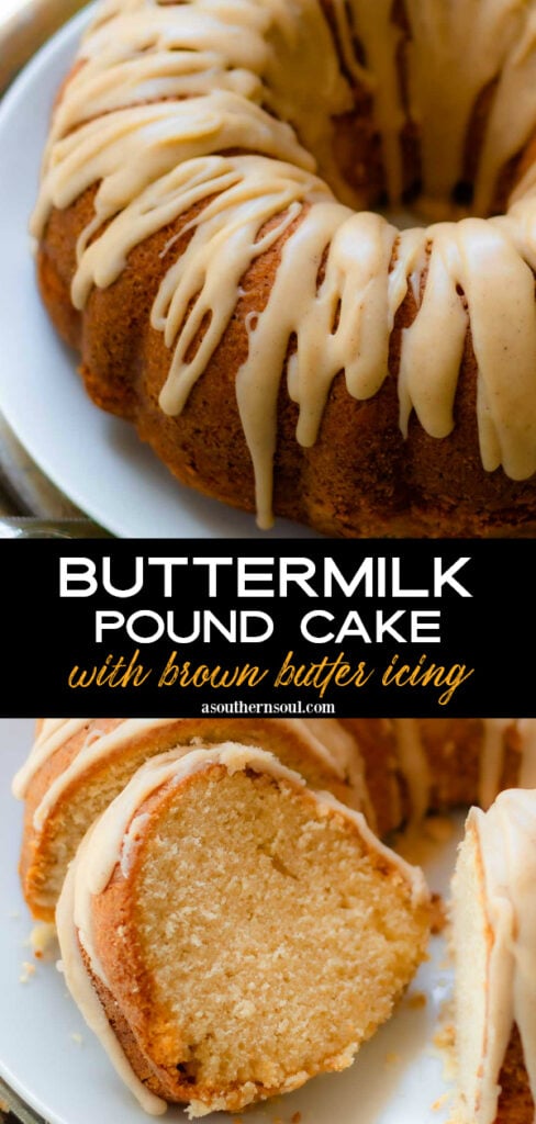 Pinterest pin for Buttermilk Pound Cake With Brown Butter Icing