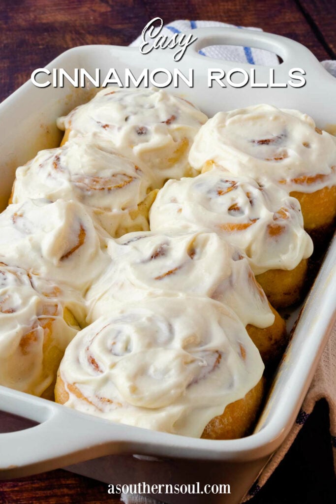 Easy Cinnamon Rolls in a pan with text overlay for Pinterest.