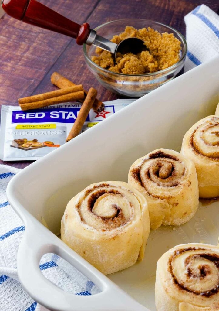 Easy to make Cinnamon Rolls in a pan with brown sugar, cinnamon with quick rise yeast.