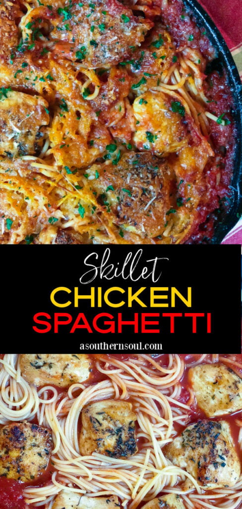 Two images for Pinterest of Skillet Chicken Spaghetti.