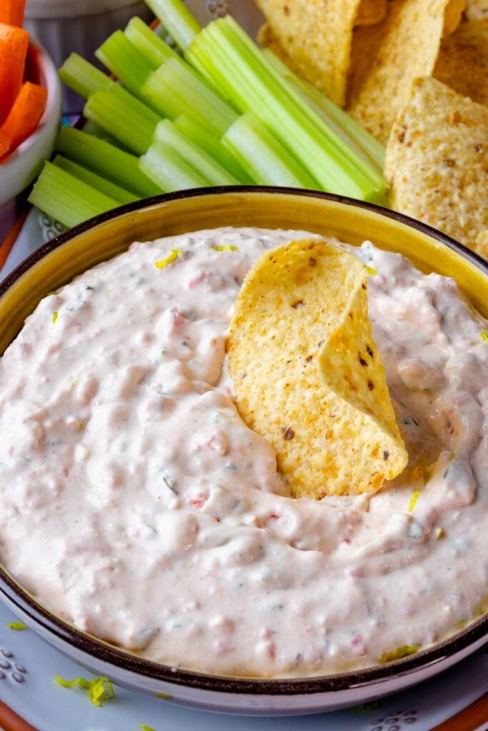 Southwest Ranch Dip with sour cream and cream cheese and rotel tomatoes and chilies.