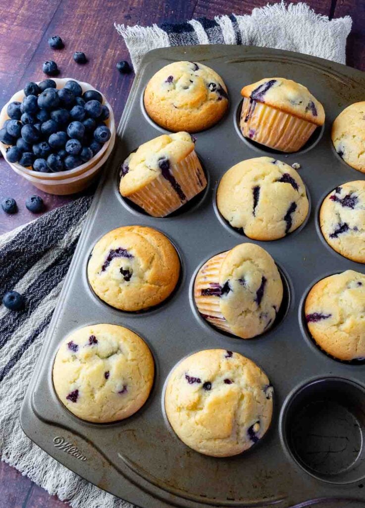 Blueberry Sour Cream Muffins in a muffin pan with fresh blueberries in a bowl.