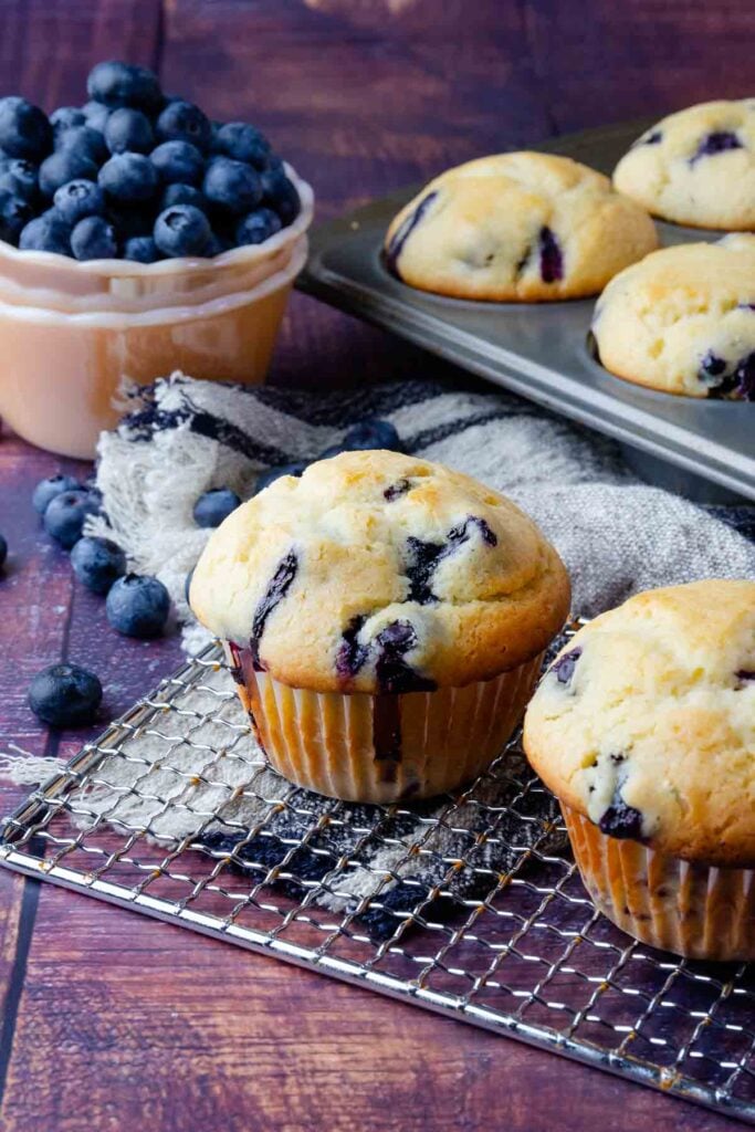Blueberry Sour Cream Muffins on a cooling rack with fresh blueberries in a bowl.