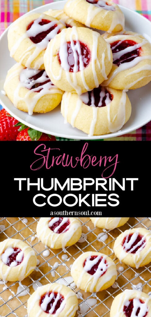 2 images of Jam Thumbprint cookies with text for Pinterest