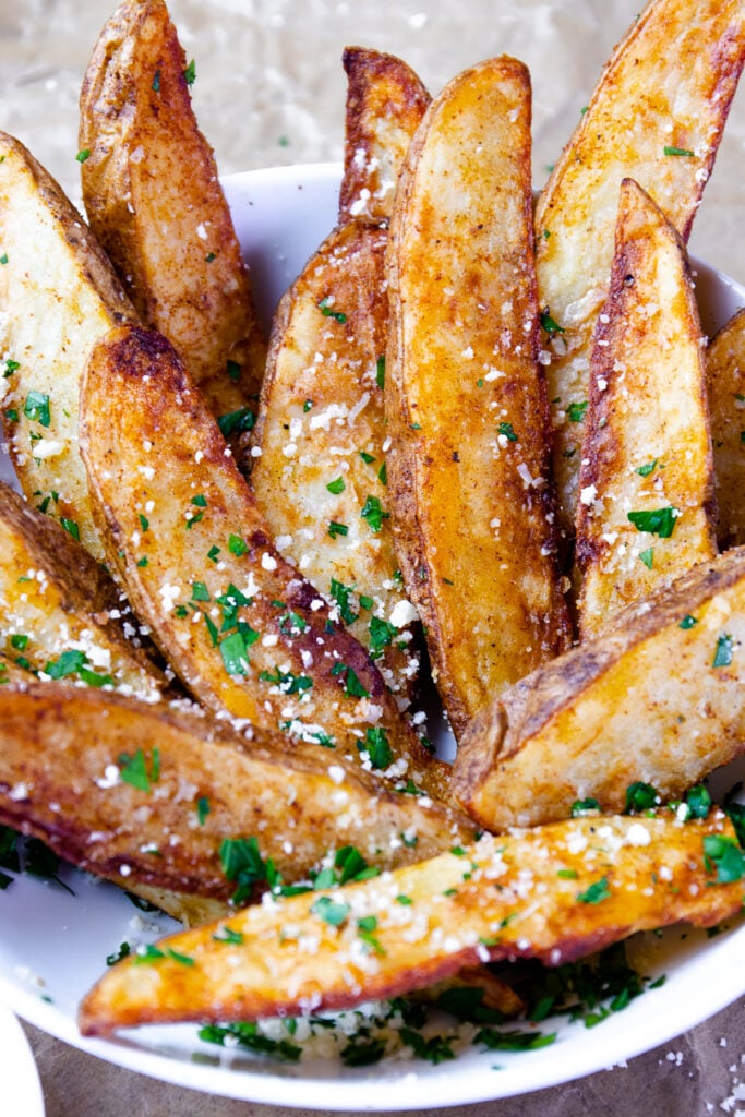 Close up of Air Fryer Potato Wedges.