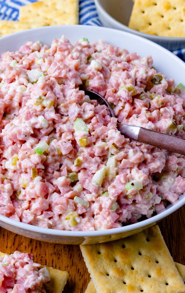 Ham Salad with celery and pickles in a bowl with crackers on the side.