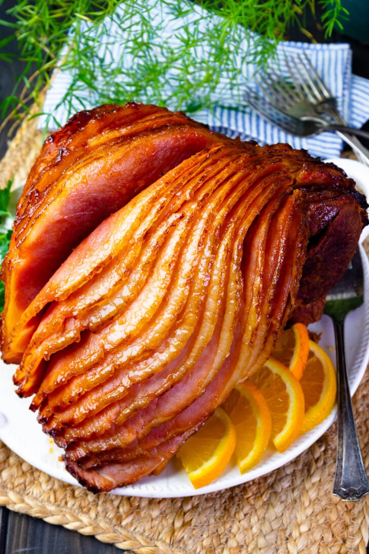 Easy to make orange pepper jelly glazed ham for the holidays.