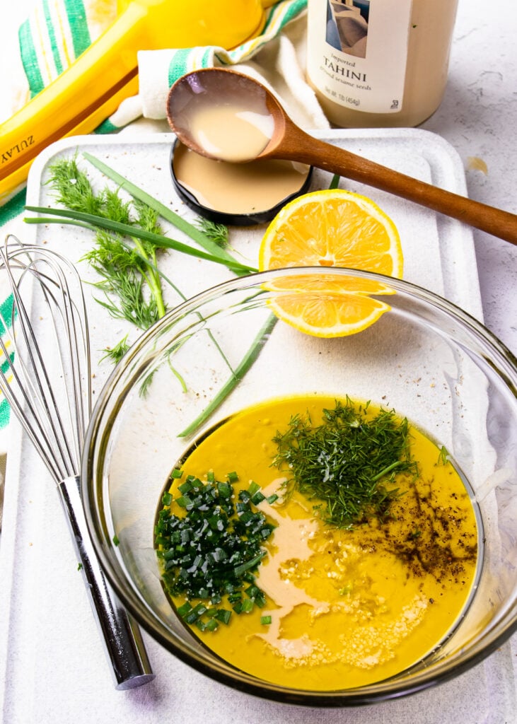 Ingredients for Garlic Herb Tahini Dressing and Dip.
