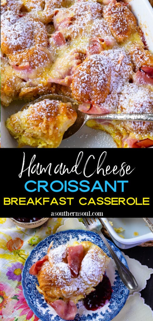 Pinterest pin with 2 images for Ham and Cheese Breakfast Casserole