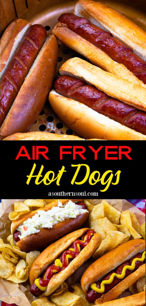 Air Fryer Hot Dog in buns with mustard ketchup and slaw served with potato chips.