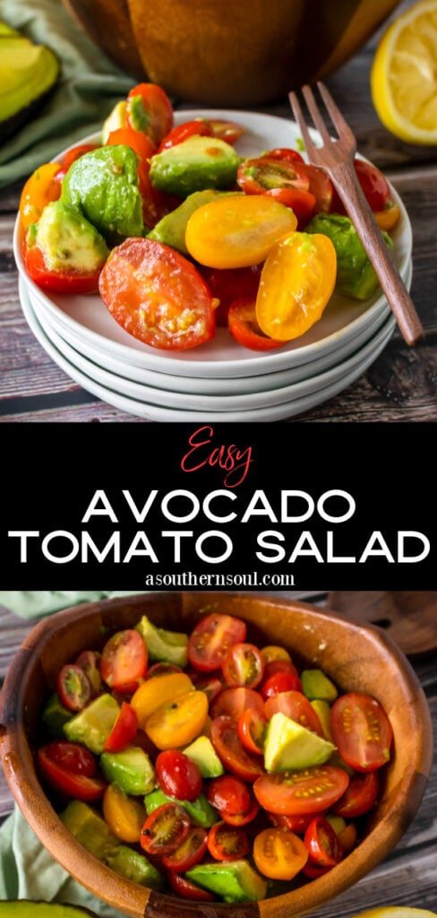 Avocado Tomato Salad in a wooden bowl and on small white plates for serving.