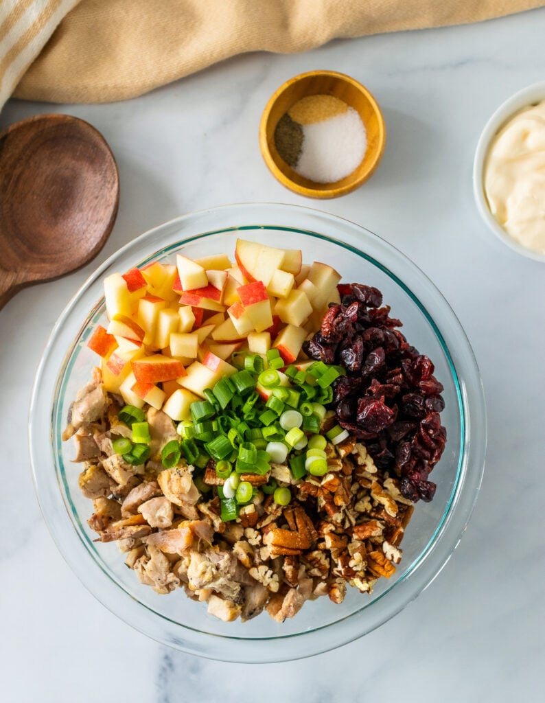 Chicken, pecans, cranberries and apples in a mixing bowl for chicken salad.