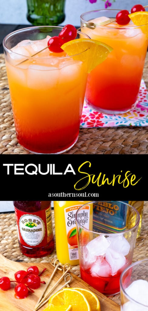 Tequila Sunrise made with tequila, orange juice, grenadine and garnished with cherries.