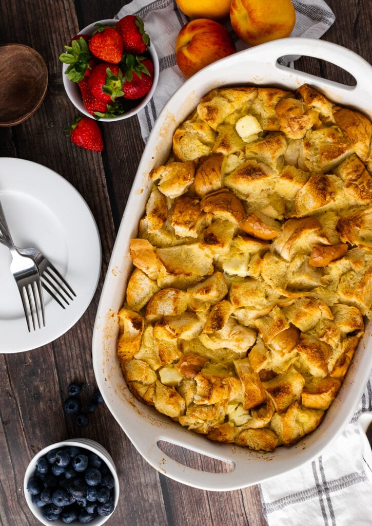 French Toast Bread Pudding in a white baking dish.