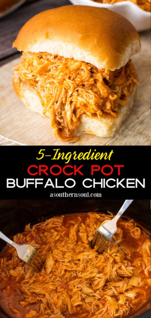 2 images of 5-Ingredient Crock Pot Buffalo Chicken