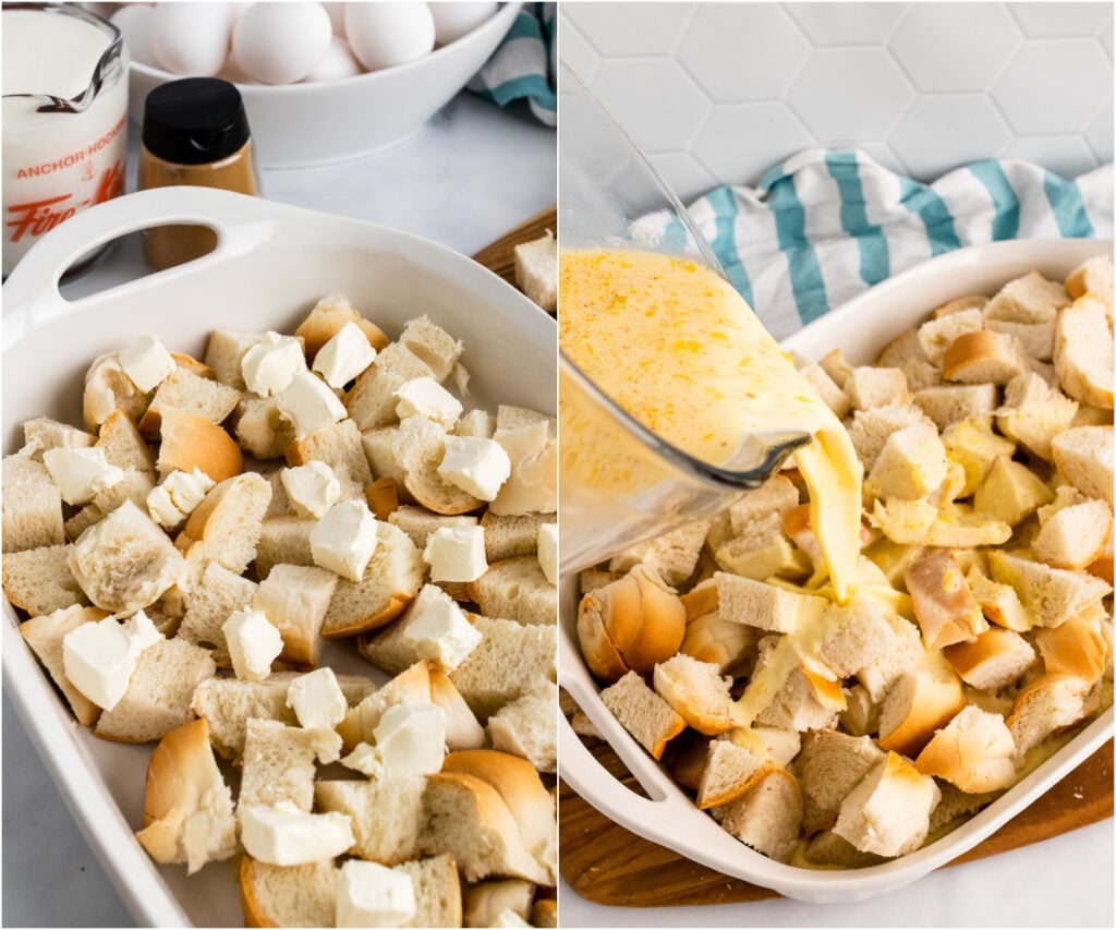 French Toast bread pudding in baking dish with cream cheese and eggs.