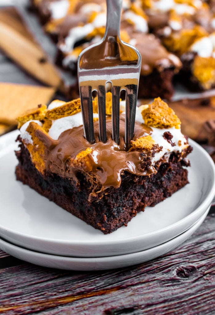 Smores Brownie on plate with a fork.