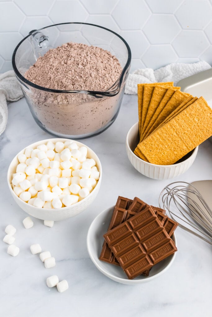 Marshmallows, chocolate, graham crackers for Smores.