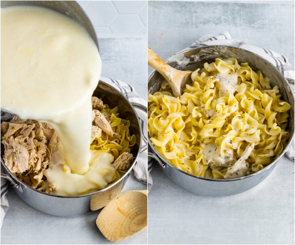 2 images of cream sauce over buttered noodles for Creamy Chicken Casserole.