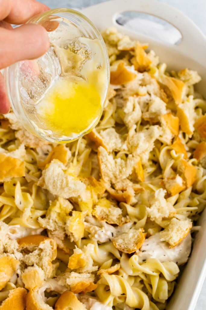 Creamy Chicken Casserole topped with rustic breadcrumbs and melted butter..