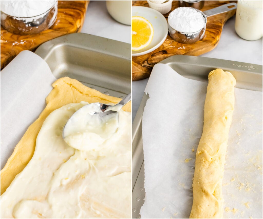 Images of crescent rolls with cream cheese filling and pastry rolled for Danish recipe.