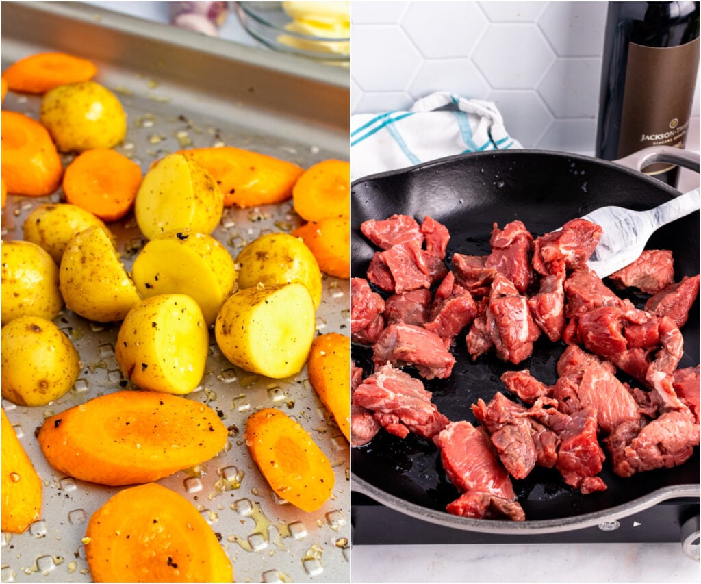 Chopped potatoes and carrots and beef stew in a cast iron pan for cooking.