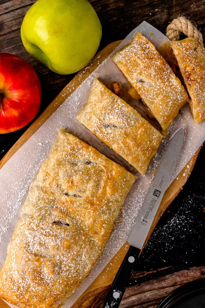 An overview of this beautiful, crisp, perfectly baked pastry cut into individual slices before serving.