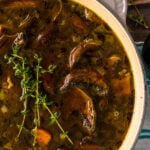 Homemde mushroom soup in a gray stock pot.