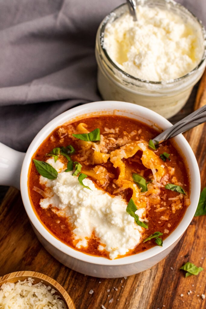 Ricotta cheese topping on Lasagna Soup.