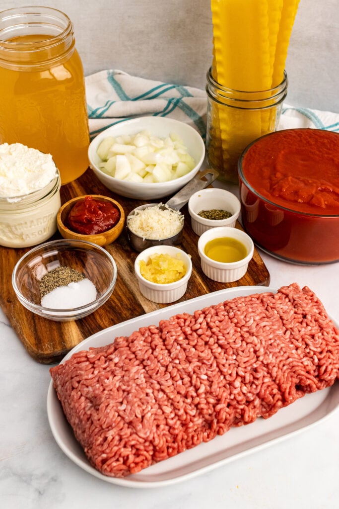 Ground beef and other ingredients for Lasagna Soup.