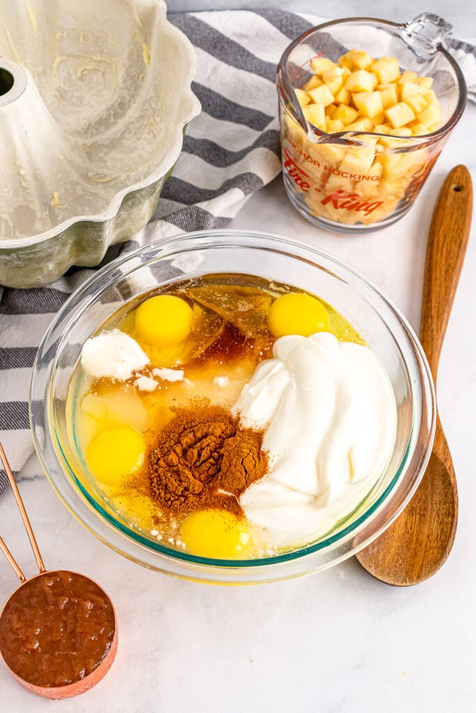 Ingedients for Apple Spice Cake in a bowl.