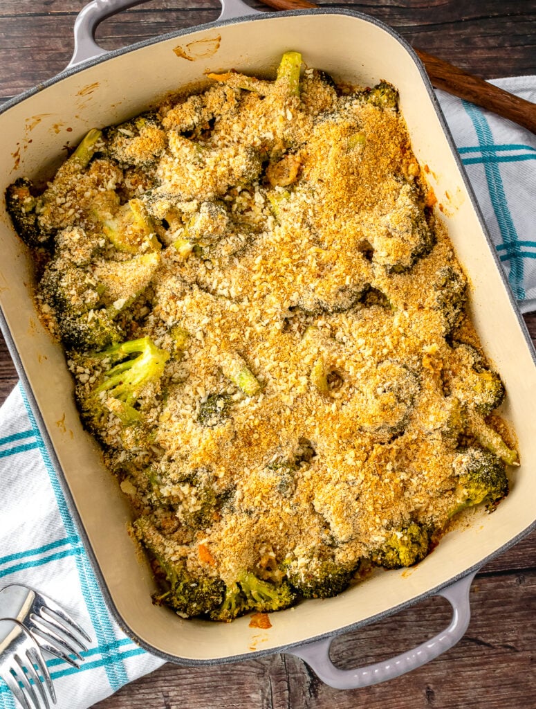 Baked Broccoi Casserole in a baking dish ready to be served for dinner.