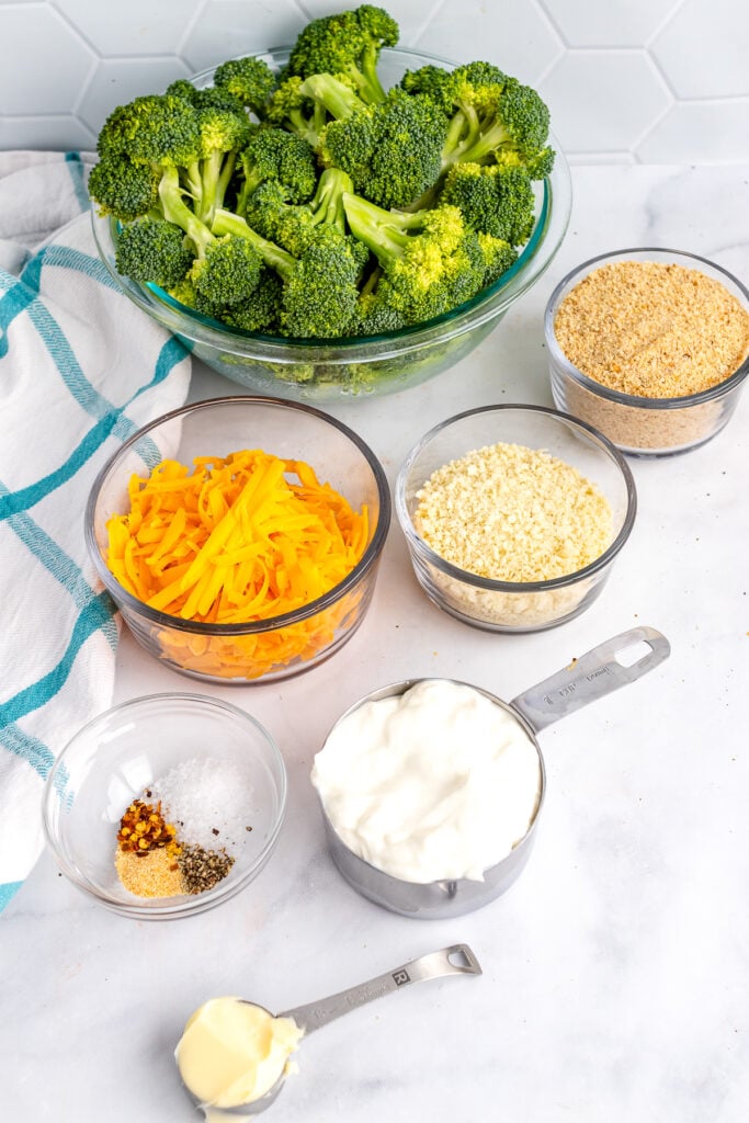 Broccoli, cheese, breadcrumbs and other ingredients for Broccoli Casserole.