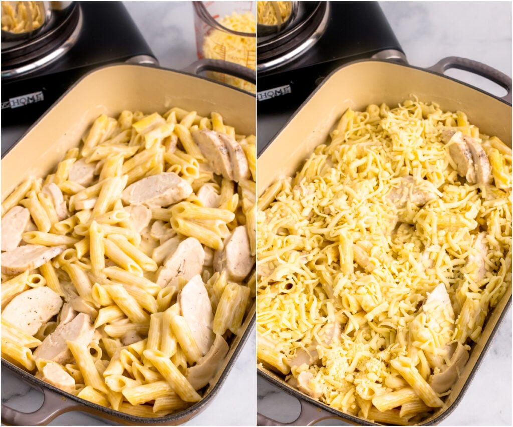 Chicken Alfredo Bake with and without cheese in a casserole dish.