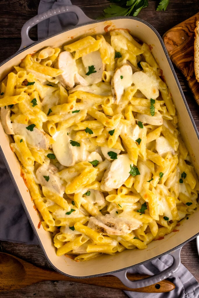 Chicken Alfredo Casserole in a baking dish.