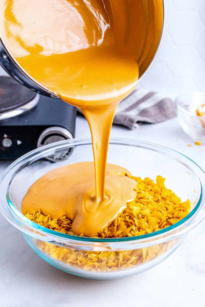 Melted butterscotch chips and peanut butter poured over corn chips.