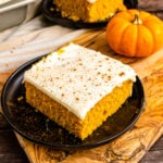 Scratch made Pumpkin Snack Cake with cream cheese frosting.