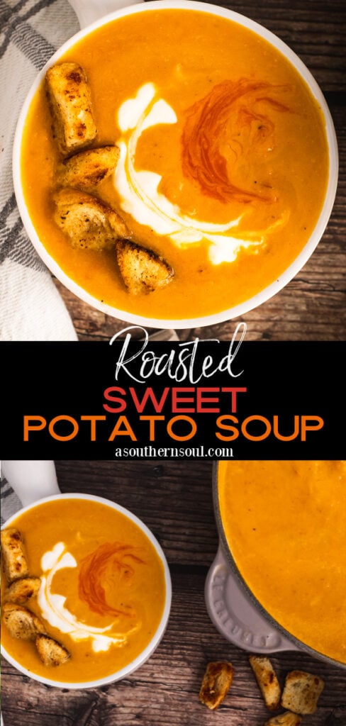 2 images of roasted sweet potato soup in white bowls.