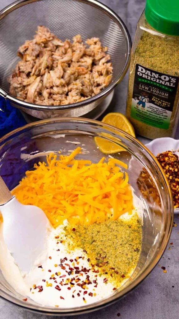 Ingredients with Dan-O’s seasoning for crab dip.