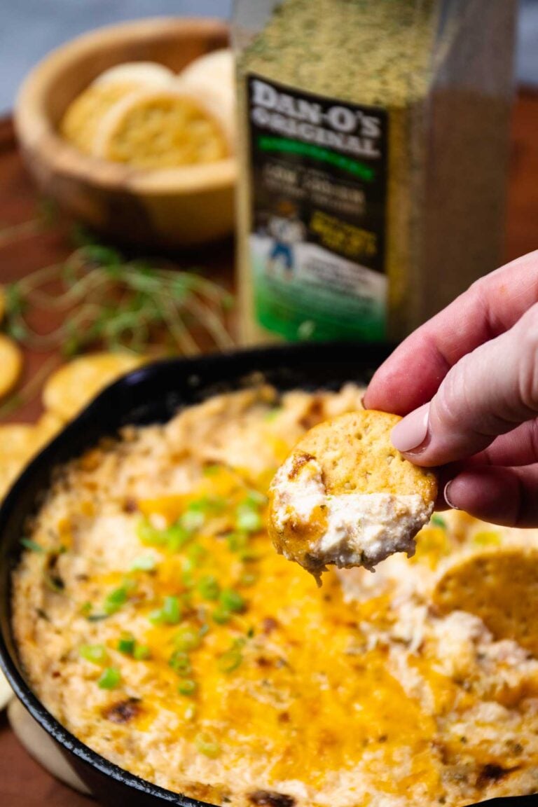 Crap dip with Dan-o’s seasoning on a cracker.