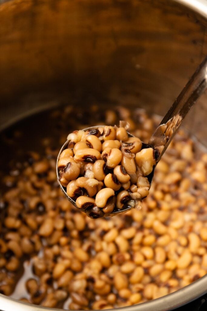Spoonful of black eyed peas cooked in an instant pot.