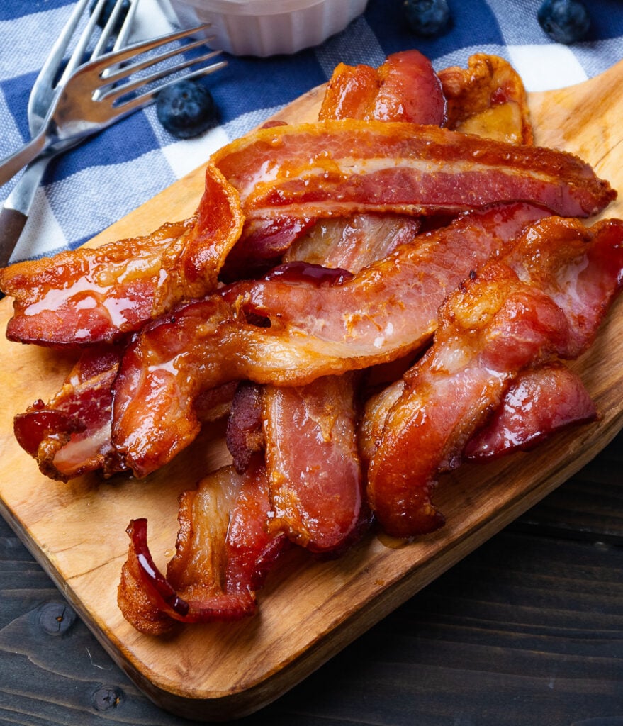 Air Fryer Bacon served for breakfast or as a topping for salads.