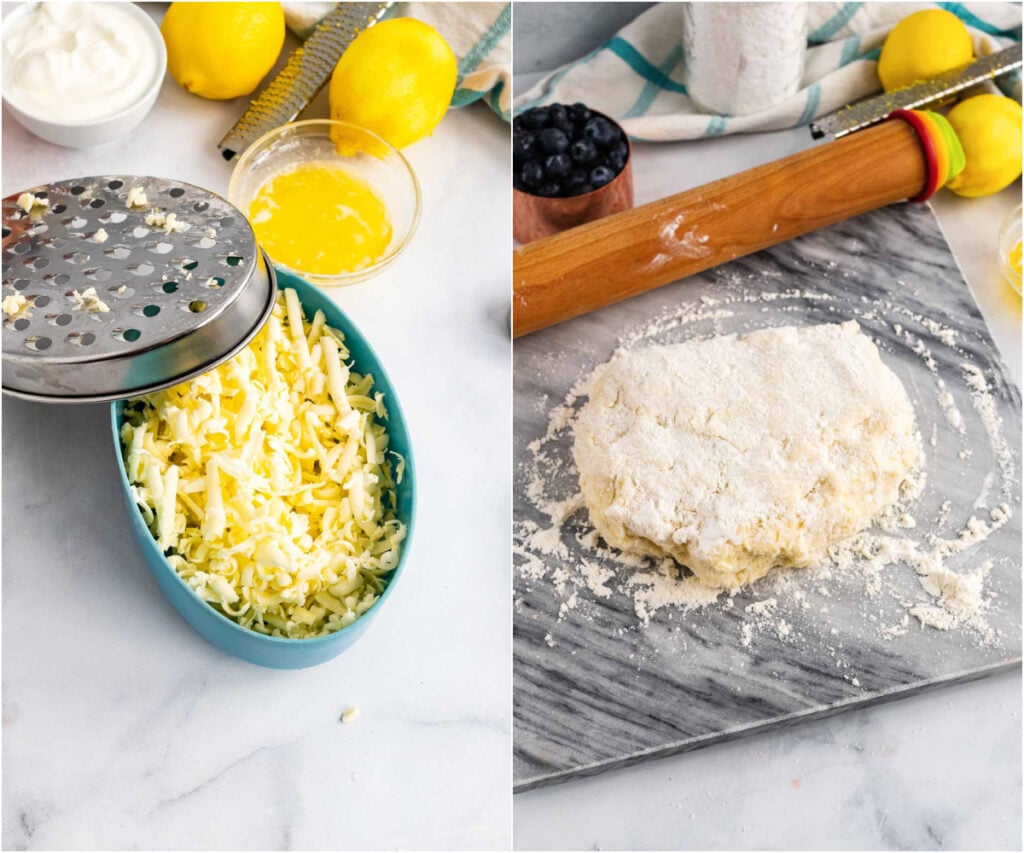 Grated butter and rolled dough to make blueberry lemon scones.