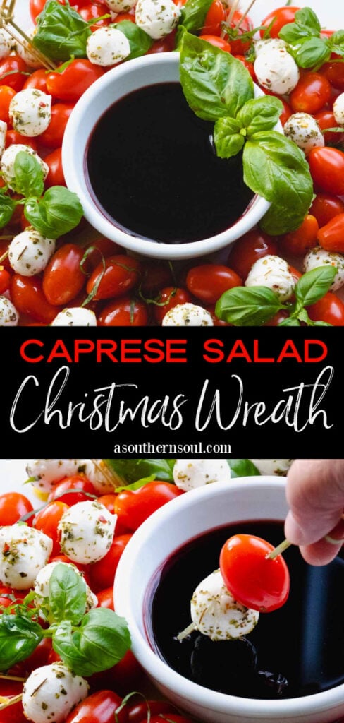 Pinterest pin for Caprese Salad Christmas Wreath