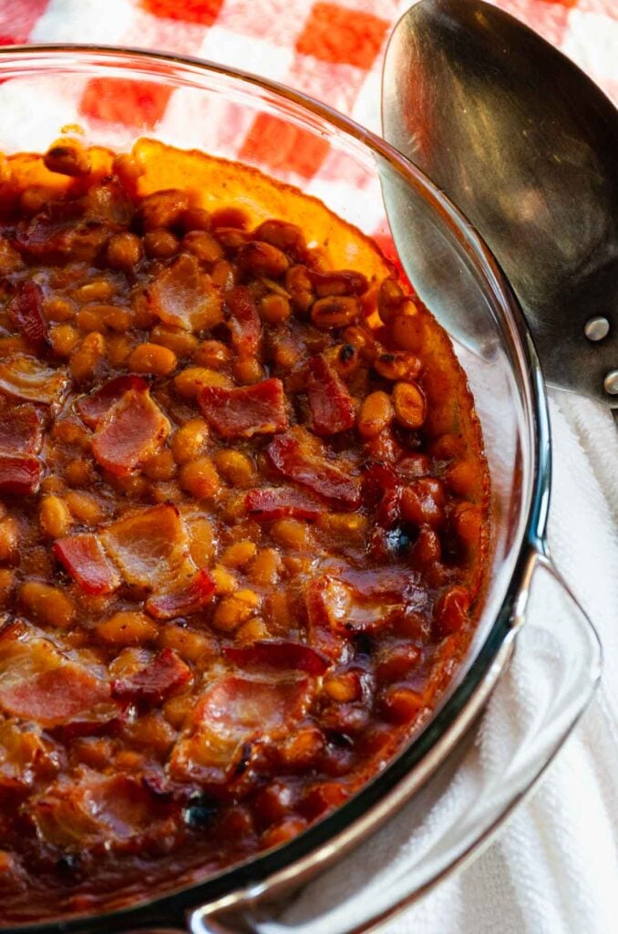 Bowl of Chipotle Bacon Baked Beans served for lunch or dinner.