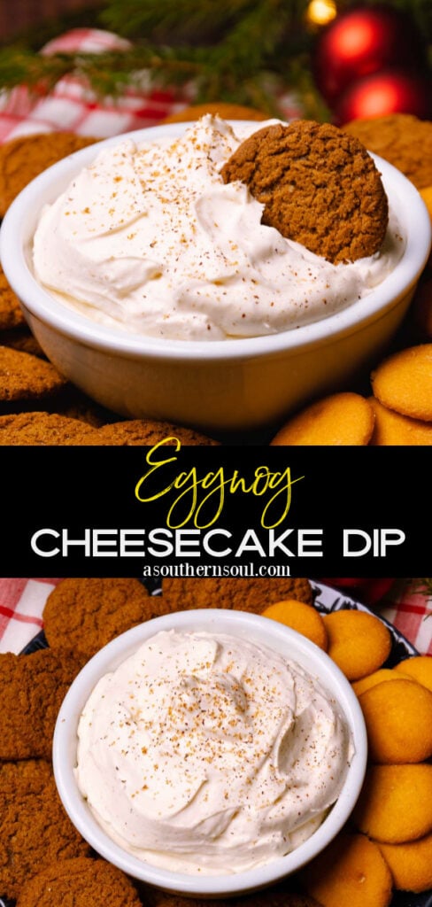 Pinterest pin for Eggnog Cheesecake Dip