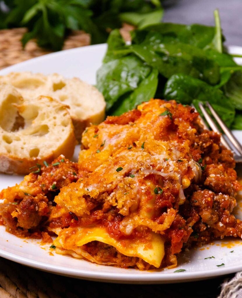 Italian Ravioli Cropped from Cheesy Italian Sausage Ravioli Bake recipe